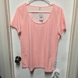 J. Crew hot pink striped tee with lace up detail